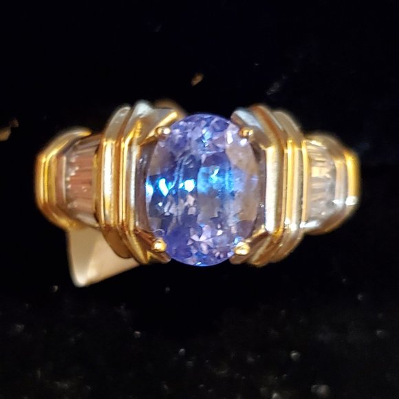 14K yellow gold & white gold RING, 2.17 ct Tanzanite & .45 ct Diamond,Sz 7, NWOT - Picture 4 of 10